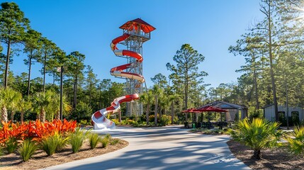 Vibrant water park with tall winding slide, tropical plants and sunlight glistening on water