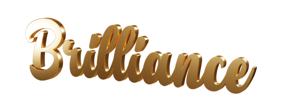 Luxury 3D gold text "Brilliance" on transparent background. Three dimensional Realistic script letters for logotype, symbol, signage, message etc.