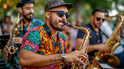 A group of musicians playing lively Latin jazz in a park, with people gathered around, enjoying the music and the festivities.
