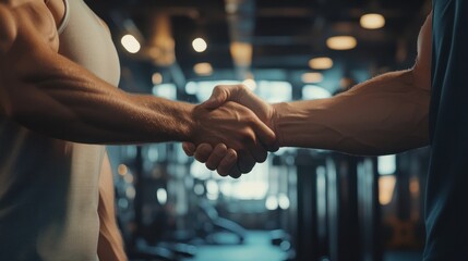Fitness partners shaking hands as a gesture of teamwork and commitment in the gym