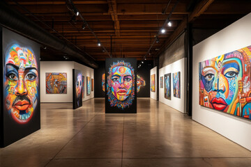 A group of artists showcasing Hispanic-inspired paintings and murals at a community art exhibition during Hispanic Heritage Month.