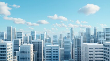 Obraz premium A vibrant city skyline with modern buildings under a clear blue sky and fluffy white clouds.