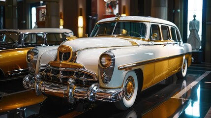 A classic white and gold vintage car with chrome accents on display in a museum.