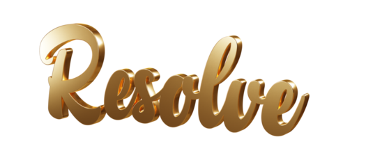 Luxury 3D gold text "Resolve" on transparent background. Three dimensional Realistic script letters for logotype, symbol, signage, message etc.