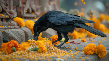 Fototapeta premium black crow is eating rice 