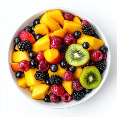 Fresh Mixed Fruit Salad with Mango, Kiwi, Berries, and Peaches.
