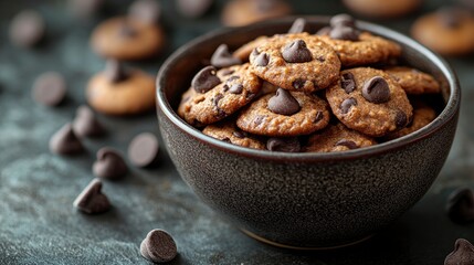 Obraz premium Chocolate Chip Cookies in a Bowl on a Dark Surface