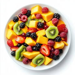 Fresh Mixed Fruit Salad with Mango, Kiwi, Berries, and Peaches.