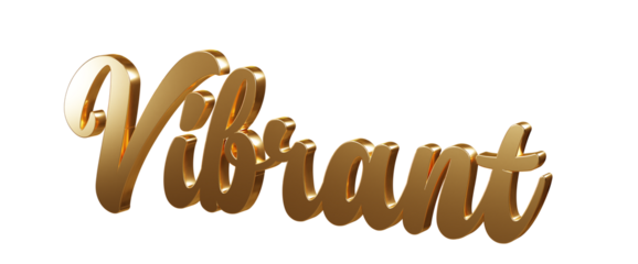 Luxury 3D gold text "Vibrant" on transparent background. Three dimensional Realistic script letters for logotype, symbol, signage, message etc.