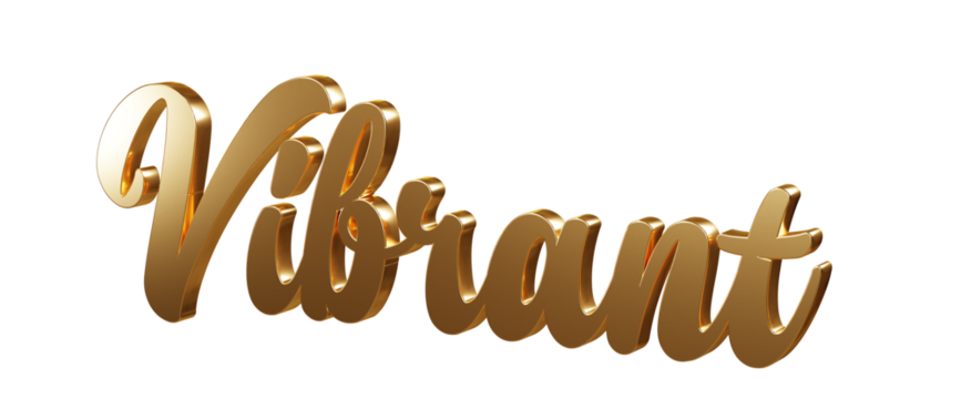 Luxury 3D gold text "Vibrant" on transparent background. Three dimensional Realistic script letters for logotype, symbol, signage, message etc.