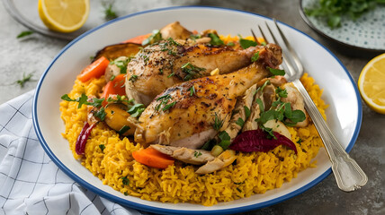A vibrant platter of chicken machboos, served over fragrant yellow rice with dried lemon and roasted vegetables.
