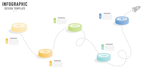 Circular isometric infographic template or element with 5 step, process, option, colorful circle, bar, column, arrow, minimal style, slide