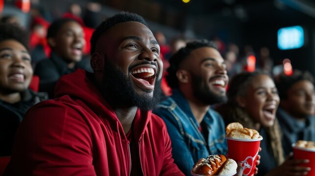 Excitement fills the air as enthusiastic fans cheer for their team, hot dogs and soda in hand, experiencing the joys of football together in a lively stadium