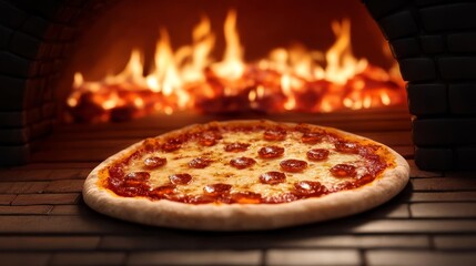 Golden-brown margarita pizza, flickering fire, brick oven, 3D illustration
