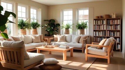 A cozy modern living room with natural wooden furniture