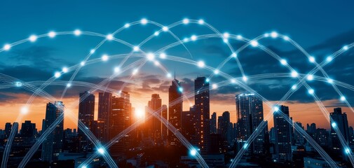Fototapeta premium A telecommunications hub in a futuristic city, with glowing lines of communication running from buildings to satellites