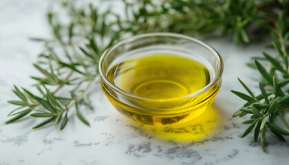 Fresh Olive Oil in Glass Bowl with Green Rosemary Branches
