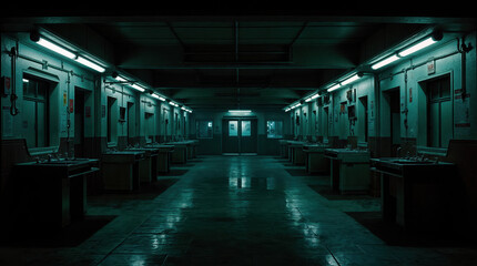 Obraz premium Eerie, deserted hospital corridor bathed in ominous green light, reflecting off polished floors, empty beds lining walls, leading to mysterious double doors at end