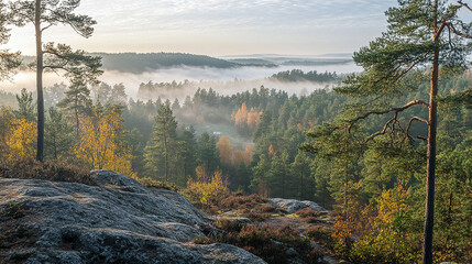 Panoramic view of forest with morning fog. Nature fog