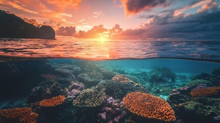 Sunset over a tropical coral reef underwater