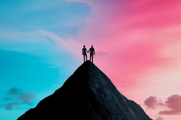 Corporate figures reaching the top of a mountain together, hand in hand under a colorful sky, symbolizing achievement and support