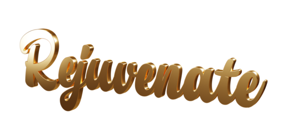 Luxury 3D gold text "Rejuvenate" on transparent background. Three dimensional Realistic script letters for logotype, symbol, signage, message etc.