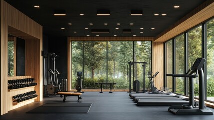 Modern gym interior design. Luxury fitness and stretching room with wood details and black ceiling. 3D Rendering, 3D Illustration, Generative AI