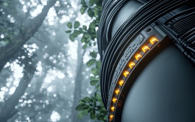 Naklejka premium Detailed view of a telecom tower s wiring and glowing components, advanced technology blending with a forest backdrop