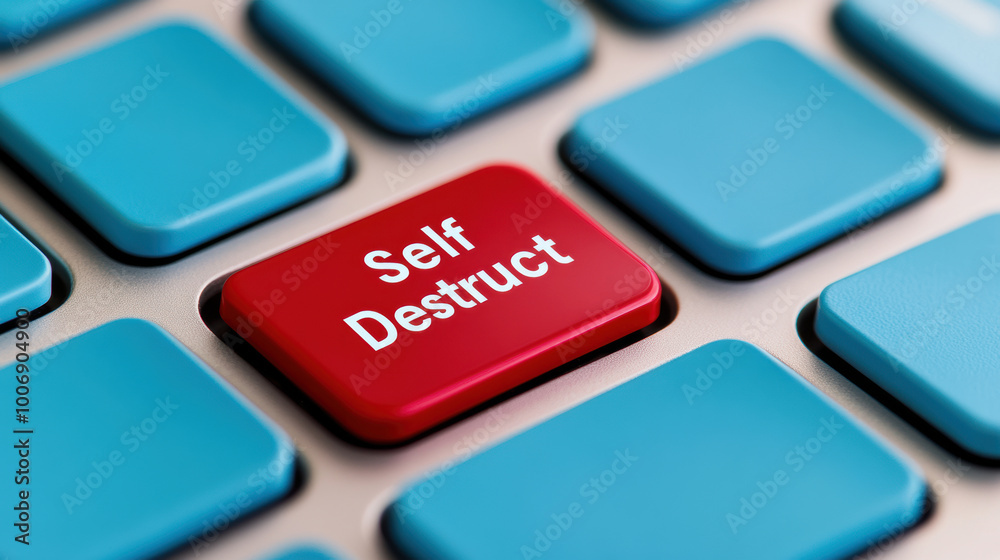 Poster A red button on a computer keyboard that says self destruct, AI