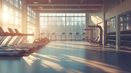 Morning sunshine coming through the clean and transparent gym windows creating shadows in an empty modern indoor fitness room interior full of treadmills, racks and machines