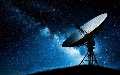 Massive satellite dish under the Milky Way, glowing against a starry night sky, symbolizing space communication and cosmic exploration