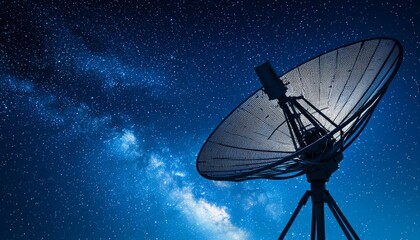 Radio telescope pointed at the night sky, glowing softly under the stars, symbolizing humanitys connection to the universe