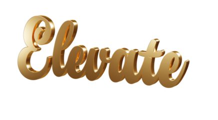 Luxury 3D gold text "Elevate" on transparent background. Three dimensional Realistic script letters for logotype, symbol, signage, message etc.