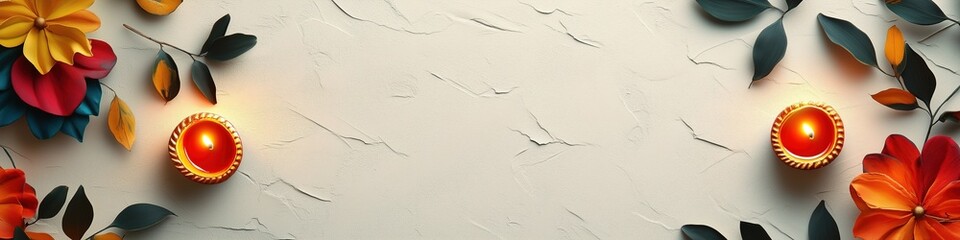 Minimalist Diwali Banner with Horizontal Rangoli Strip and Diyas Glowing in Each Corner	
