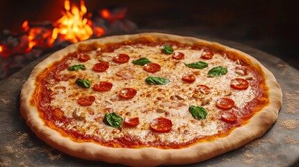 Margarita pizza cooking slowly, embers glowing, 3D illustration