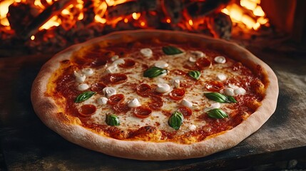 Margarita pizza cooking slowly, embers glowing, 3D illustration