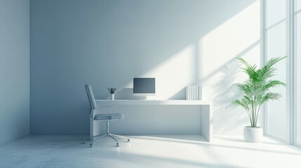 Fototapeta premium Office interior backdrop for online meetings. Light home office setting background. Minimalist online workspace aesthetics. Video conferencing room design.