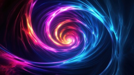 A vibrant spiral pattern with swirling colors of blue, pink, and orange on a dark background.