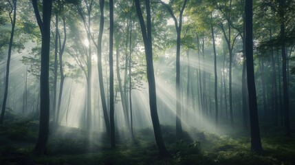 Fototapeta premium A serene forest scene with sunlight streaming through tall trees and mist.