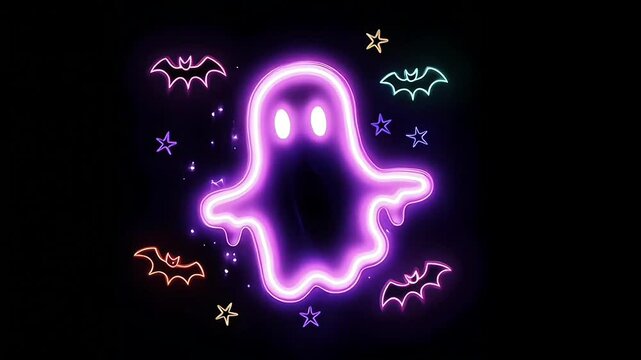 Pink glowing neon like ghost floating on black background, surrounded by glowing bats and stars, Halloween video loop