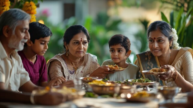 Portrait of Indian family of three generations eating meals together at home looking at camera - Powered by Adobe