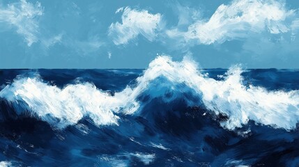 A beautiful depiction of ocean waves with white foam against a blue sky.