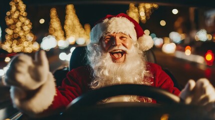 Obraz premium Santa Claus behind the wheel of a car, joyful and smiling as he navigates through a holiday night.