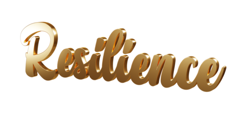 Luxury 3D gold text "Resilience" on transparent background. Three dimensional Realistic script letters for logotype, symbol, signage, message etc.