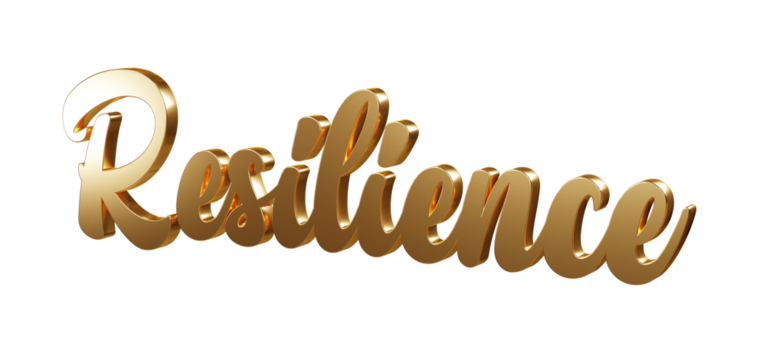 Luxury 3D gold text "Resilience" on transparent background. Three dimensional Realistic script letters for logotype, symbol, signage, message etc.