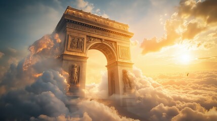 Fototapeta premium A majestic ancient archway surrounded by fluffy clouds at sunset.