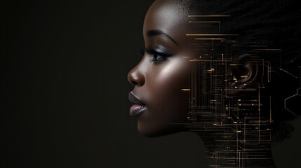 side profile portrait of a black female with a tech pattern overlay, a diverse cyber security analyst of artificial intelligence and the future of ai in the inclusive workplace. AI Generative.