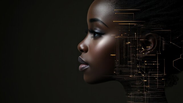 side profile portrait of a black female with a tech pattern overlay, a diverse cyber security analyst of artificial intelligence and the future of ai in the inclusive workplace. AI Generative.