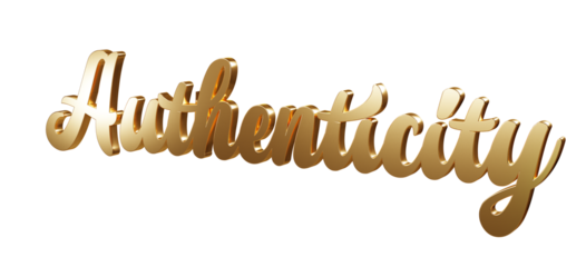 Luxury 3D gold text "Authenticity" on transparent background. Three dimensional Realistic script letters for logotype, symbol, signage, message etc.