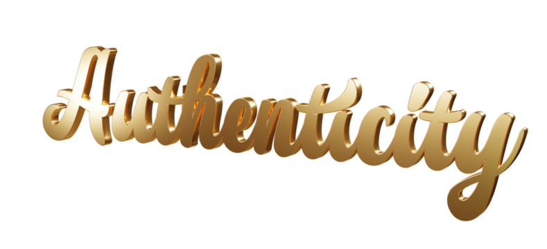 Luxury 3D gold text "Authenticity" on transparent background. Three dimensional Realistic script letters for logotype, symbol, signage, message etc.
